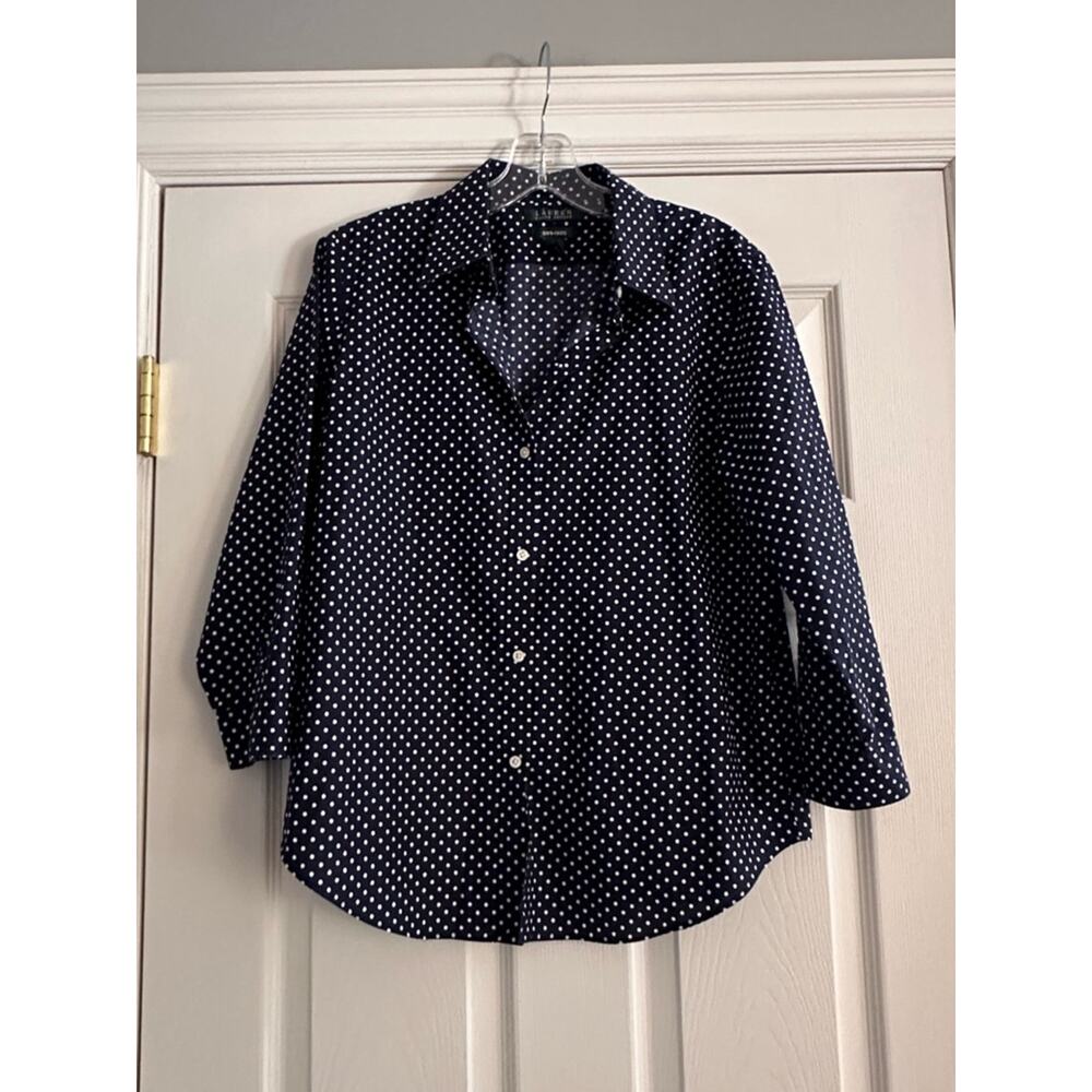 Ralph Lauren Non Iron Polka Dot Button Down Shirt Blue White 3/4 Sleeve LARGE - Picture 3 of 11